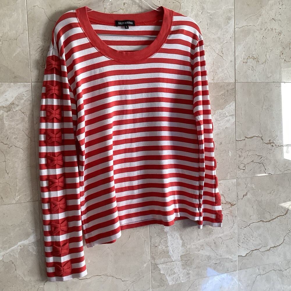 Evelyn & Arthur Pima Cotton Red White Stripe Top Large, Bows Preppy Classic Luxe